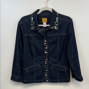 Ruby Rd. Women's Dark Blue Denim Jean Jacket with Gold jeweled accents Size 12